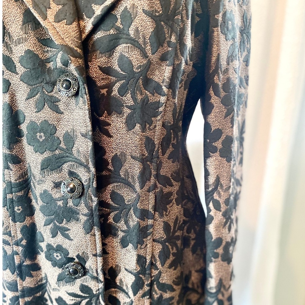 Vintage Brocade Trench Coat, Black Copper Metallic Floral, Size 12 - Picture 6 of 11